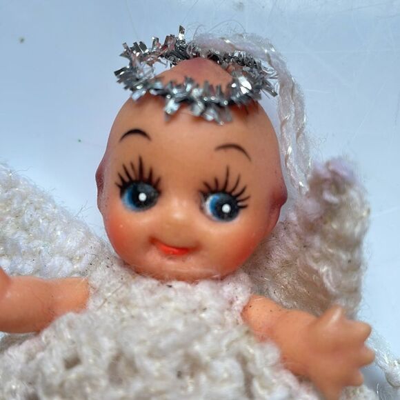 Vintage Kewpie Doll angel Christmas ornament with crochet outfit & wings - Picture 2 of 5